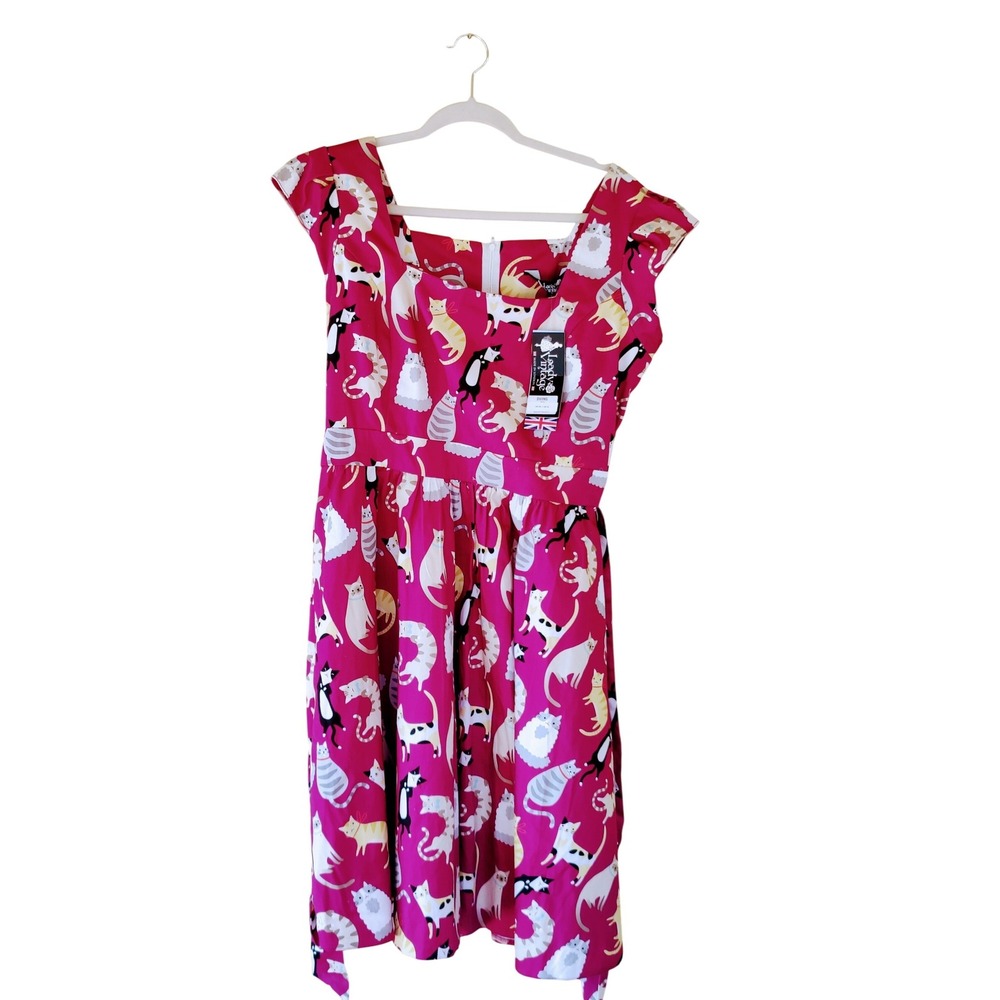 Lady Vintage London Hepburn Dress Pink Cat Print Retro Rockabilly Size 12 NWT - Picture 4 of 5